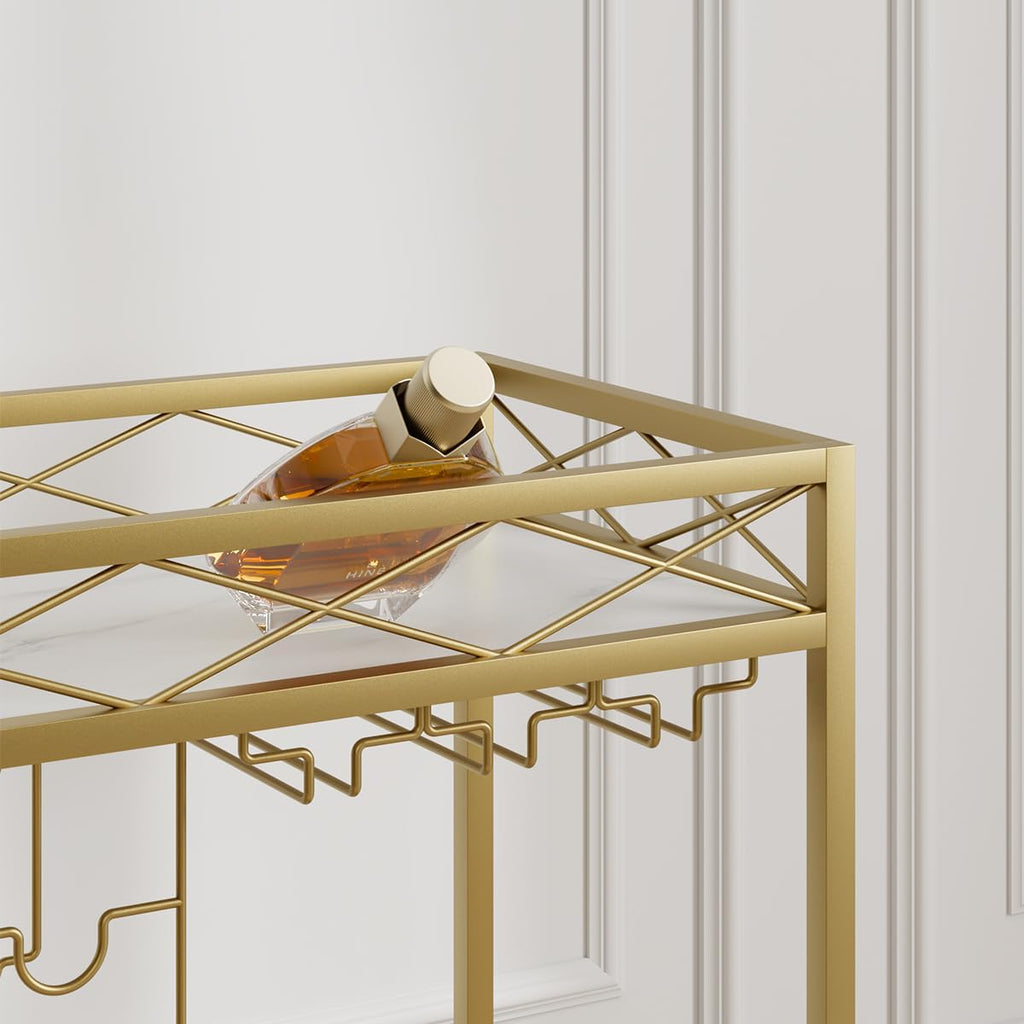 Gold Bar Cart with White Marble Shelves, Slim Serving Cart | Lockable 360° swivel wheels and anti-scratch foot pads