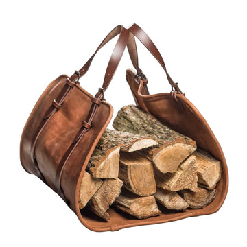 Leather Firewood Carrier, Cabin Wood Log Carrier, Large Log Tote Bag for Fireplace, Campfire, or Outdoor Fire Pit
