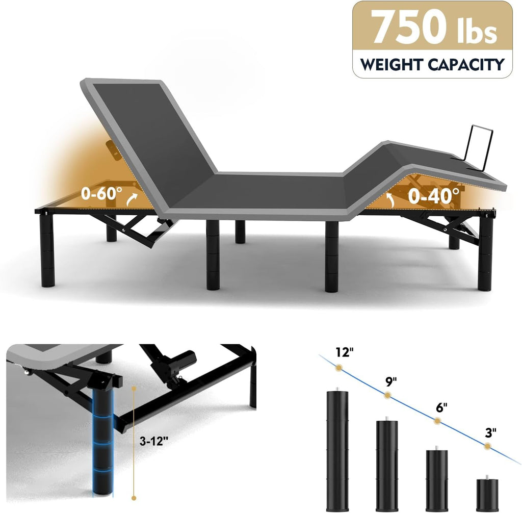 Ergonomic Queen Size Adjustable Bed Base, Metal Bed Frame Adjustable Head & Foot Incline, Zero Gravity Electric Bed