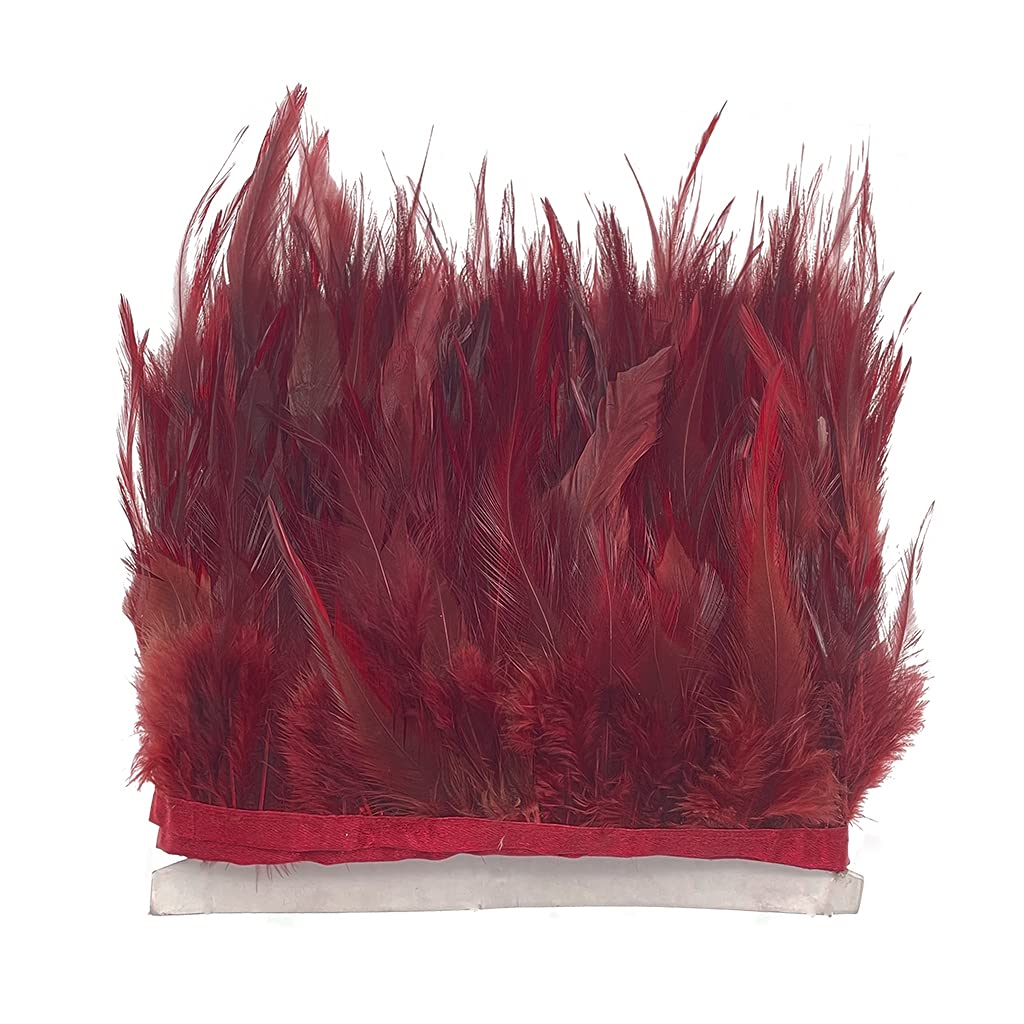 Burgundy 2Yard Rooster Hackle Feather Fringe Trim 4-6inch in Width for DIY Costume Sewing Craft Decor Dress