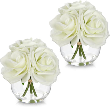 White Roses Artificial Flowers in Vase Small Silk Fake Rose Bouquet Flowers Floral Arrangements with Glass Vase - Set of 2