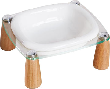 Elevated Cat Bowl and Dog Bowl, Ceramic Raised Pet Bowl with Acrylic & Wood Stand, Non-Slip, 13.5 OZ, for Cats &