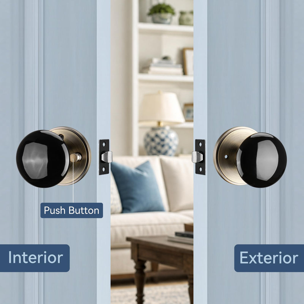 NCL Black Door Knobs, Porcelain Round Door Handle with Antique Brass Plate