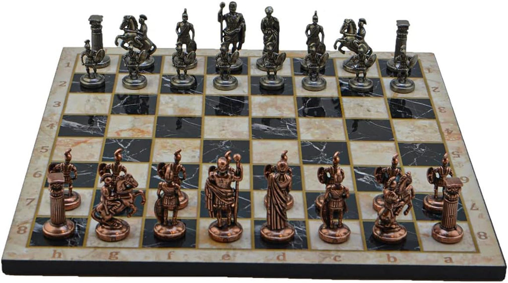 Metal Chess Set for Adults Medium Roman Antique Copper Figures,Handmade Pieces and Different Design Wooden Chess