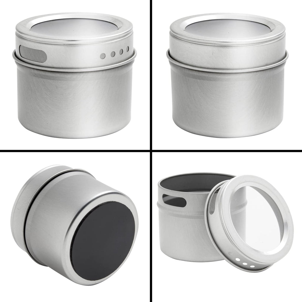 Magnetic Spice Jars - 3 oz, Stainless Steel, 24-Pack - Spice Tins with Sift & Pour Lids & Fridge Magnets Organization
