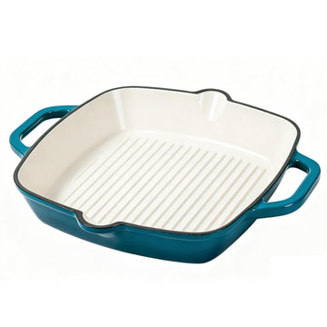 Enameled Cast Iron Square Grill Pan, Skillet with Large Loop Handles for Grilling Bacon, Steak, and Meats (Peacock