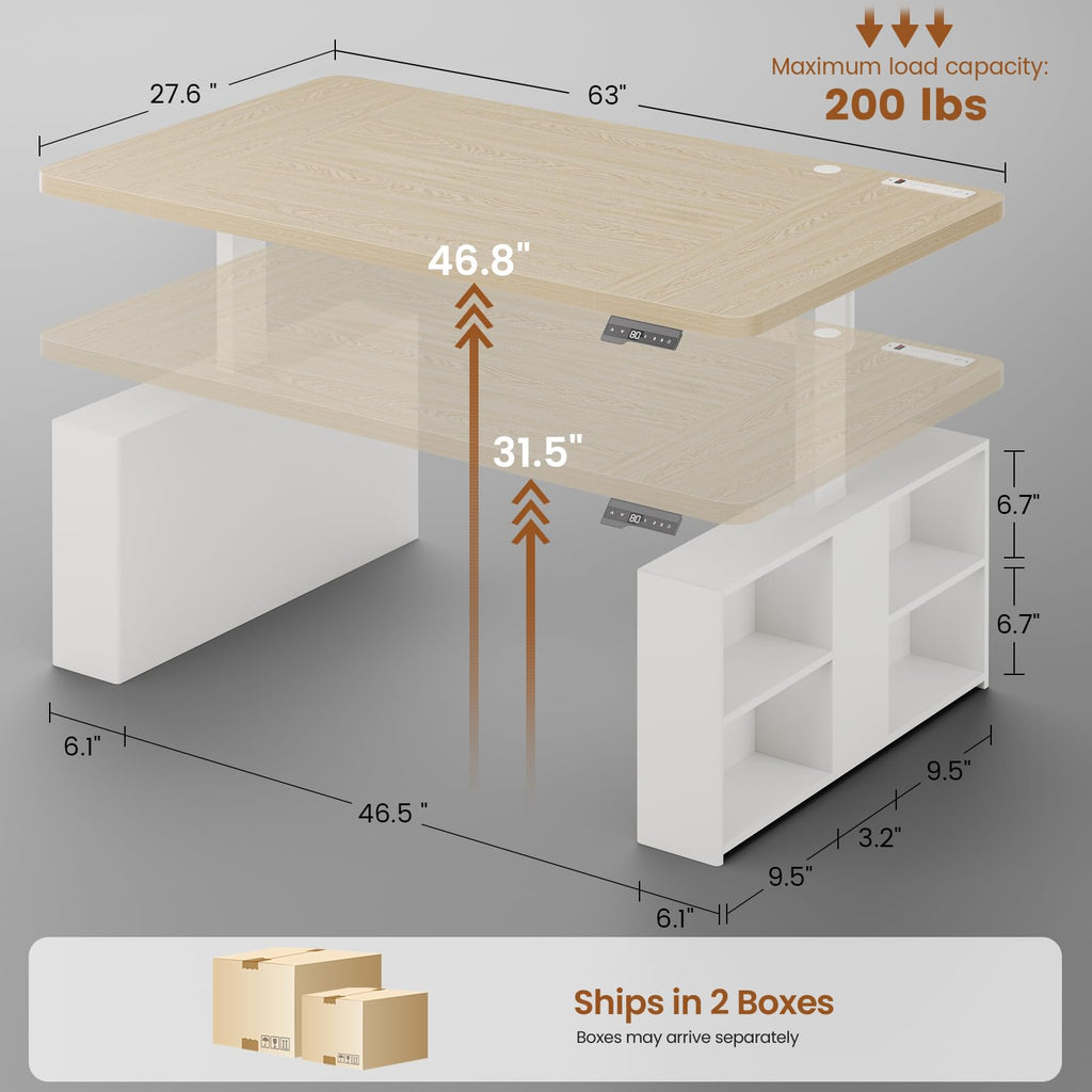 63" Executive Standing Desk with Storage, Executive Height Adjustable Desk with Power Outlets, Large Computer Office