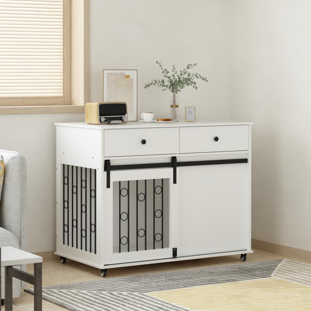 Dog Crate Furniture Wooden Dog Crate Pet Kennel - Dog Cage End Table, Sliding Barn Door, Lockable Wheels, White