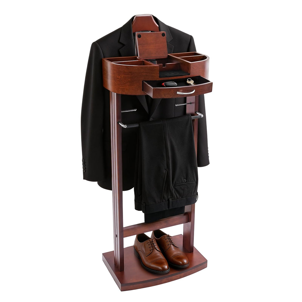 Wooden Suit Valet Stand, Freestanding with Drawer & Storage Tray, Brown