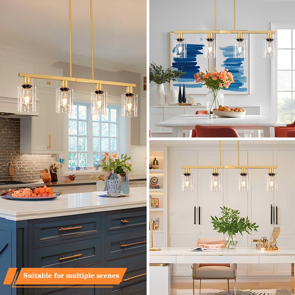 Kitchen Island Lighting, Gold Dining Room Light Fixtures over Table, Island Lights with Glass Shade
