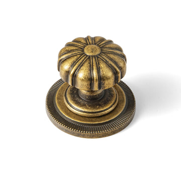 Antique Brass Cabinet Knobs, Gear-Like Backplates, 1-1/4", 6 Pack