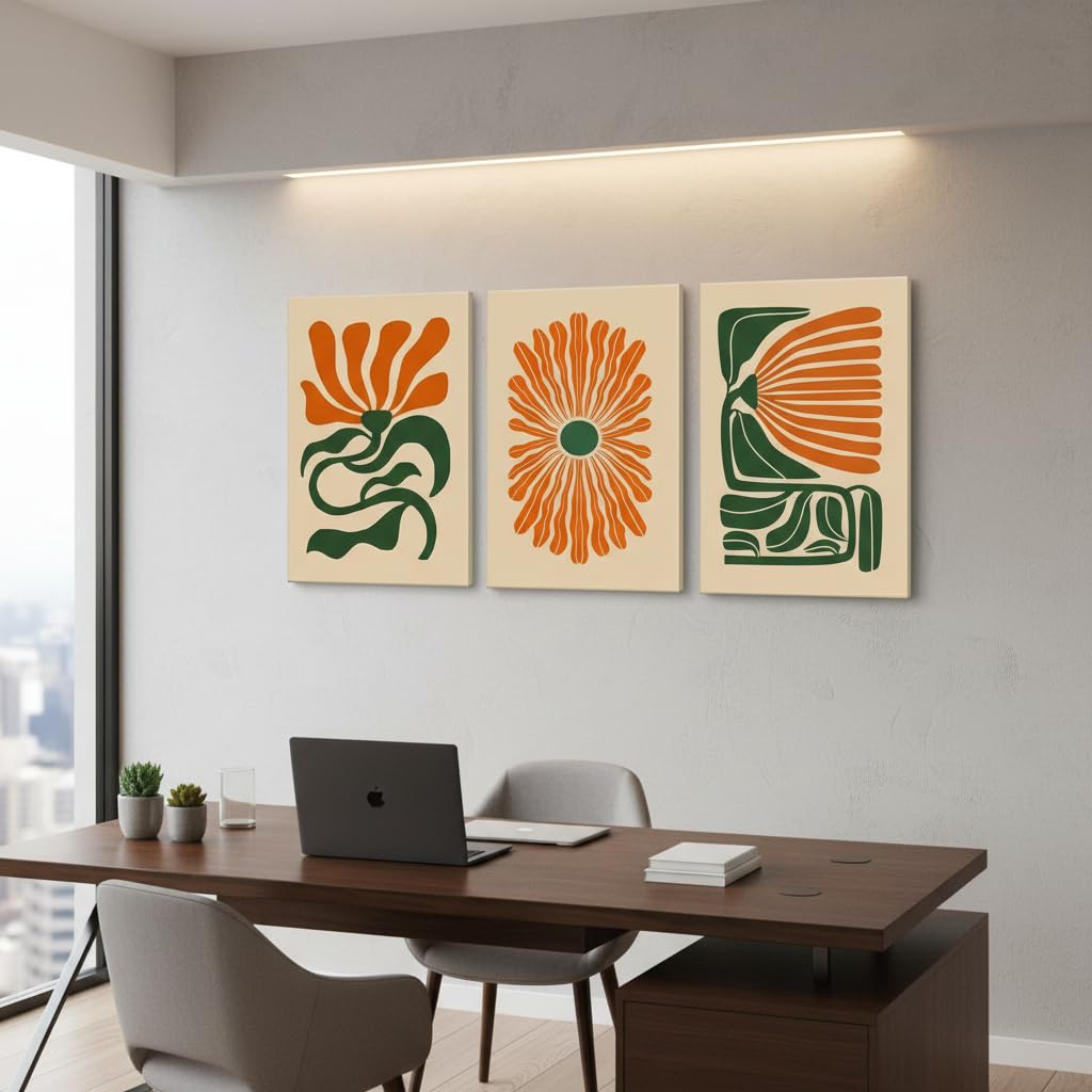 3 Pcs Mid Century Floral Canvas Wall Art, Boho Flower Wall Decor
