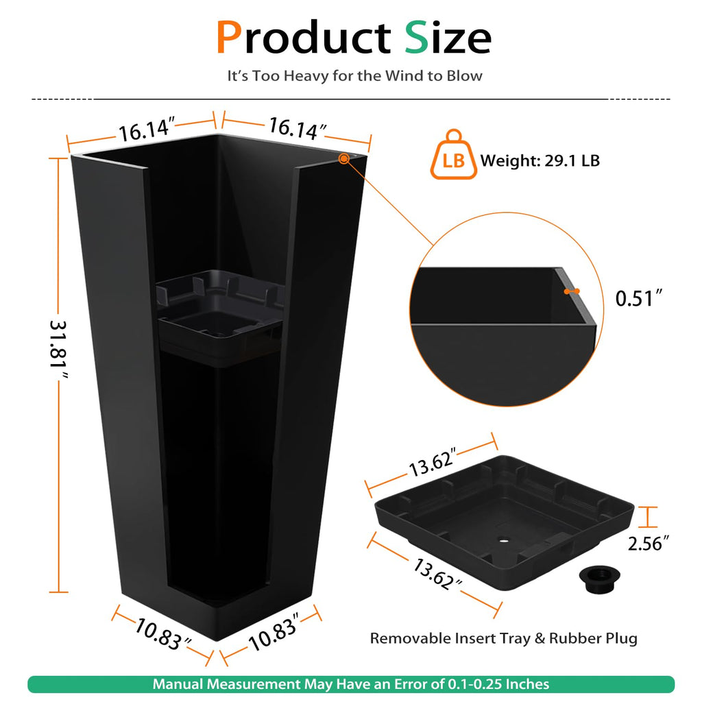 Tall Planters for Outdoor Plants, Large Resin Flower Pots for Garden, Front Porch, Patio, Indoor - Set of 2 (Black