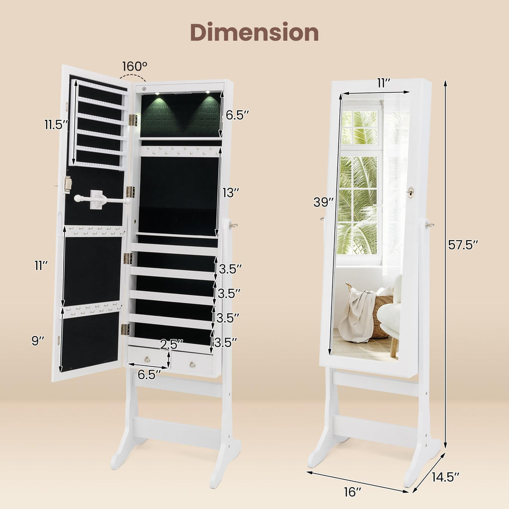 Standing Jewelry Cabinet, Large Storage Jewelry Armoire with Full Length Mirror, 4 Adjustable Angles & 2 LED Lights