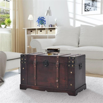 Large Rectangular Wood and Engineered Wood Chest, Antique Brown Finish, 25.98 x 14.96 x 15.7 in, Indoor Living Room