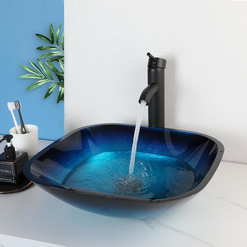 HM HomeMieco 17 Inch Square Blue Glass Vessel Sink Bathroom Bowl Sink with Faucet and Drain