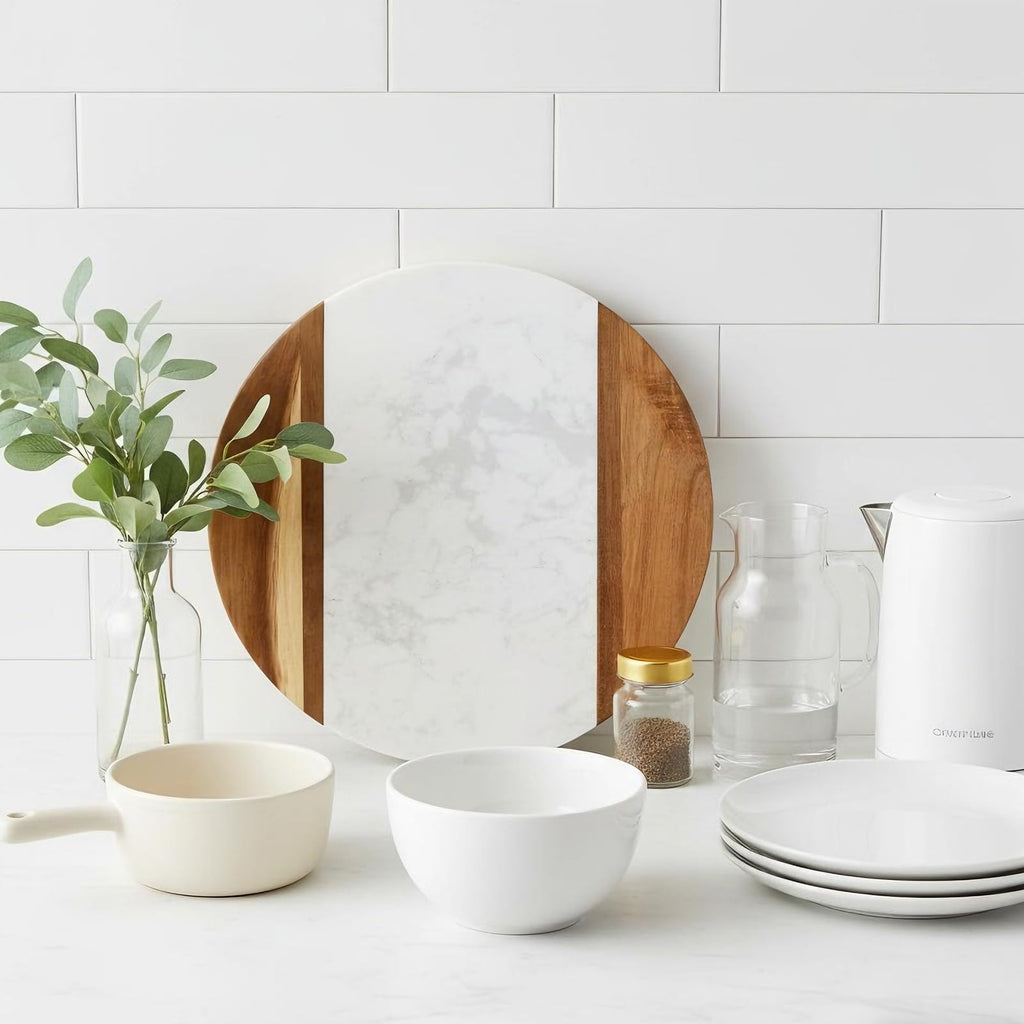 12" Marble Cheese Board and Acacia Wood Serving Board, Handcrafted Round Marble Tray Cutting Board for Cheese