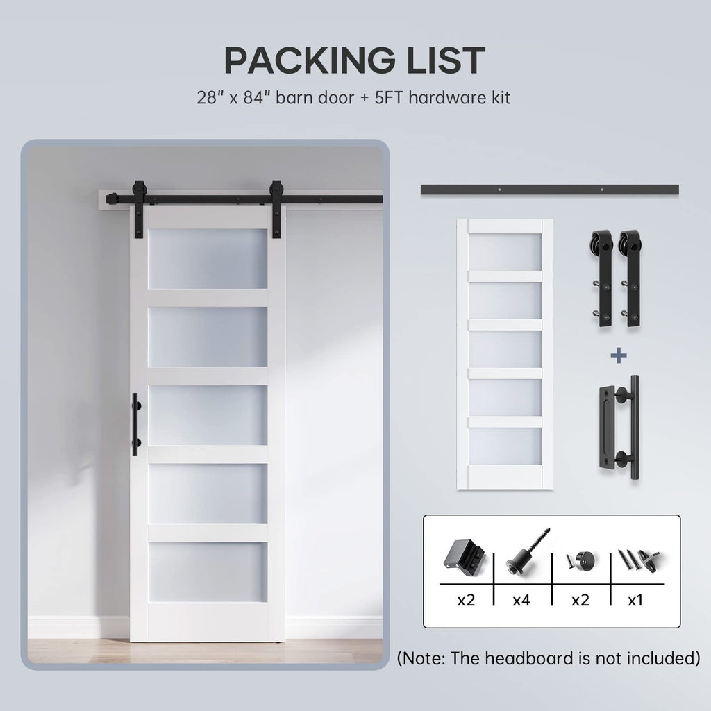 28x84 Inch Glass Sliding Barn Door Slab and 5ft Hardware Kit Included, 5 Frosted Glass, LVL Wood Panel Covered with