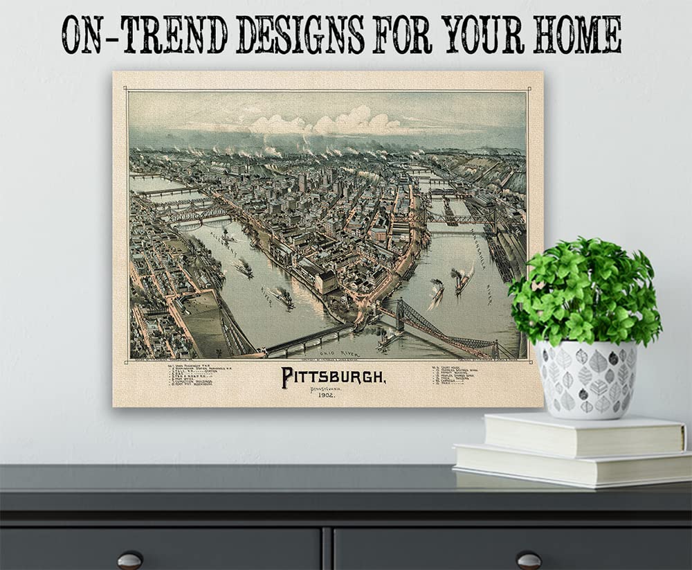 1902 Pittsburgh Pennsylvania Map - Stretched on a Heavy Wood Frame - Ready to Hang - Decor in This Highly Detailed
