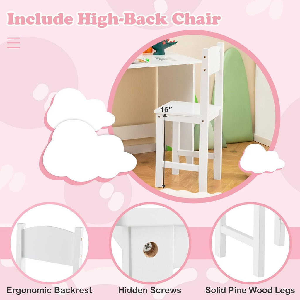 Kids Desk and Chair Set, Wooden Children School Study Table and Chair w/Whiteboard, Hutch, Storage Shelves, Student