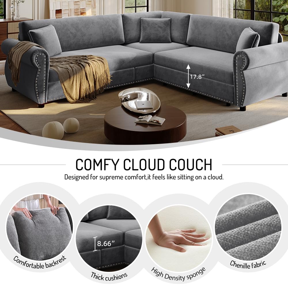 88.2" Chenille Sleeper Sofa Bed, Sectional Couches /Apartment, L Shaped Couch with Pull Out Couch Bed, Convertible