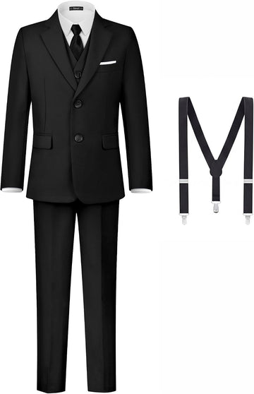 Boys' Formal Suits Set Dresswear Tuxedo Suit Adjustable Waist with Suspenders Teen Boy Dress Clothes
