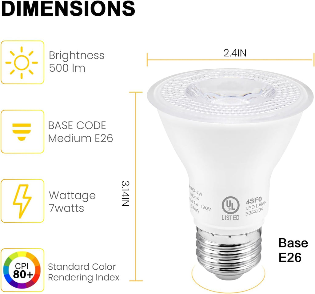 PAR20 LED Bulbs UL Listed, Dimmable Light Bulb, 7 Watt(50W Equivalent) Spotlight, E26 Base, 2700K Warm White Flood