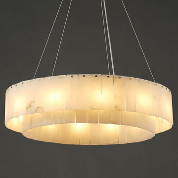 Alabaster Round Chandelier, D31in Modern Marble Dining Room Chandelier, 2 Tiers Brass Drum Pendant Light Fixtures, Gold Ceiling Light Chandeliers for Living Room, Bedroom Lights, Foyer, Kitchen A125-B0DPFRKY6Z