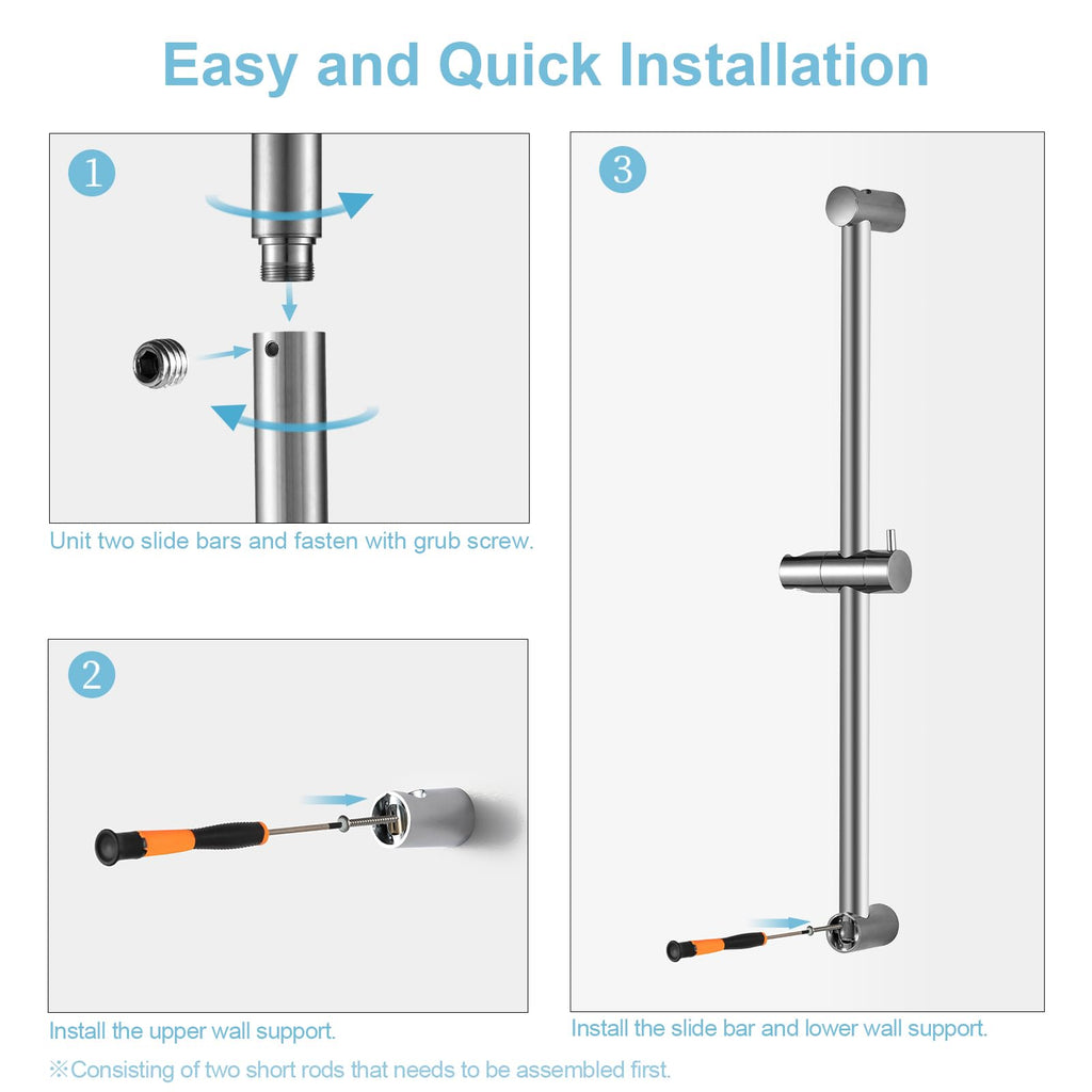Shower Slide Bar Combo, 24 in Segmental Slide Bar with 6-Mode High Pressure Handheld Shower Head and 60 in Stainless