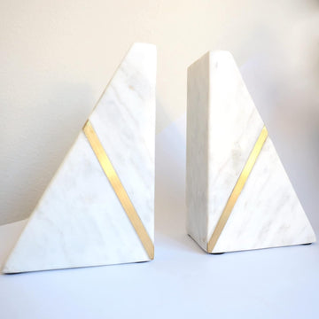 Marble Bookends Handcrafted Heavy Marble Triangular Bookshelf Decor Brass Inlay Set of 2 Decorative Bookends Book