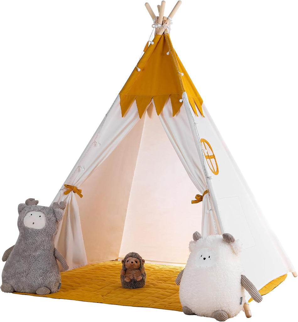 Toddler Teepee With Padded Mat and Lights - Kids Indoor Play Tent, Large Canvas Cotton Tipee for Children