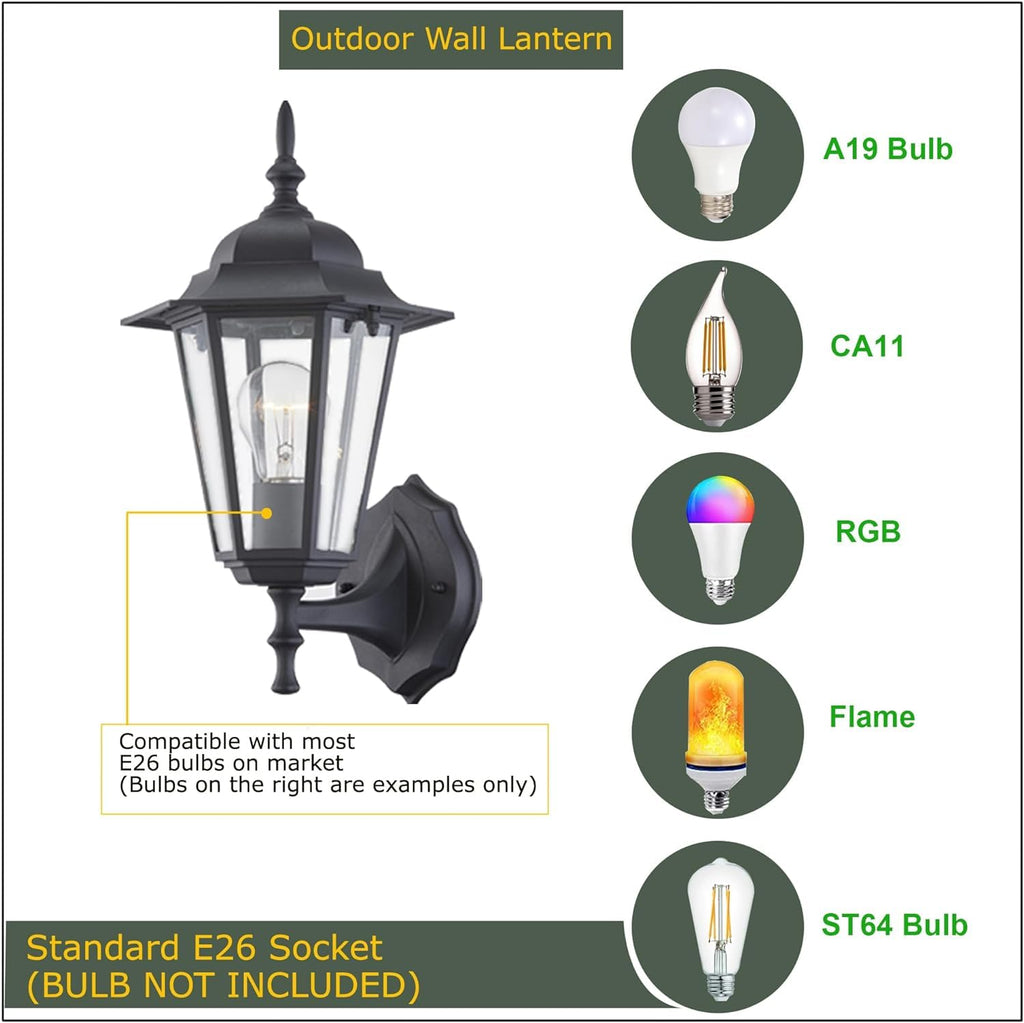 2 Pack Outdoor Wall Light, Black Wall Sconce Porch Lighting Fixture, E26 Base 60W Max, Metal Housing Plus Glass, Wet