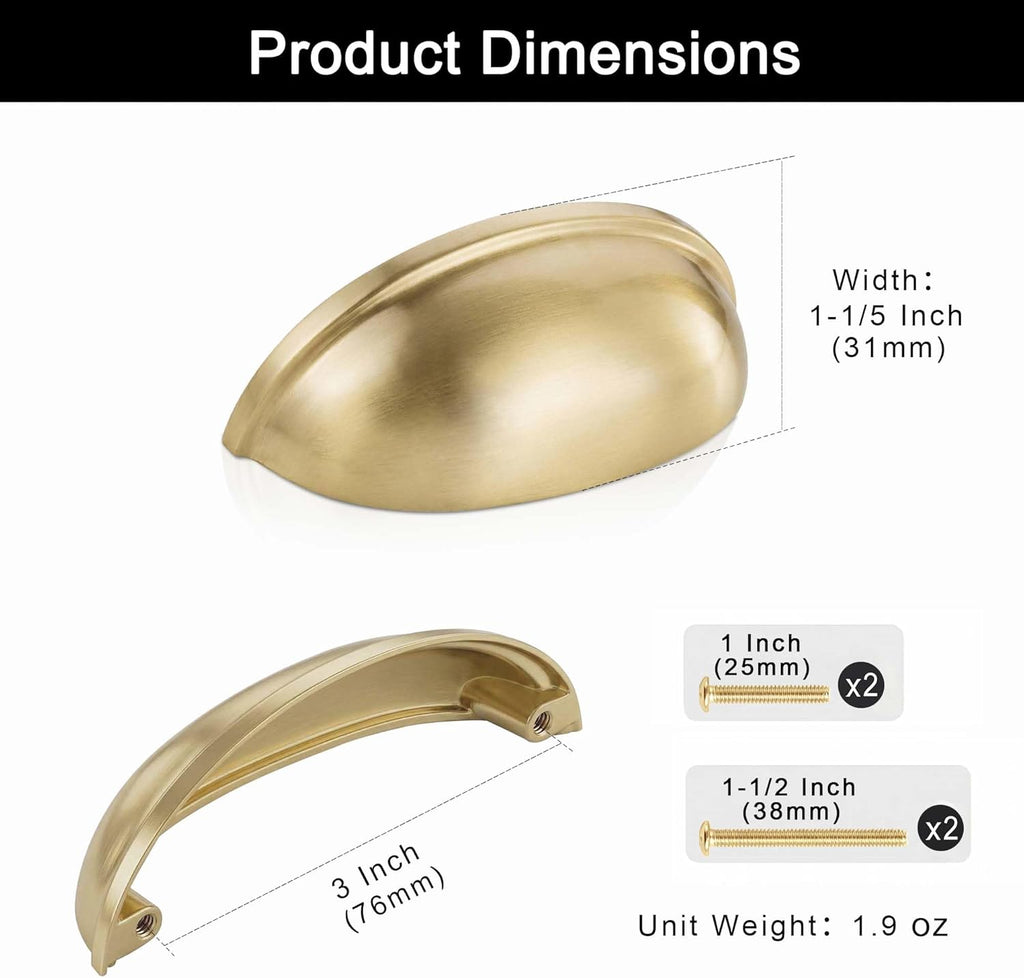 2-Pack Solid Brass Cabinet Bin Pulls,Gold Cup Drawer Dresser Handles,3-Inch Hole Center,Kitchen Cupboard Konbs