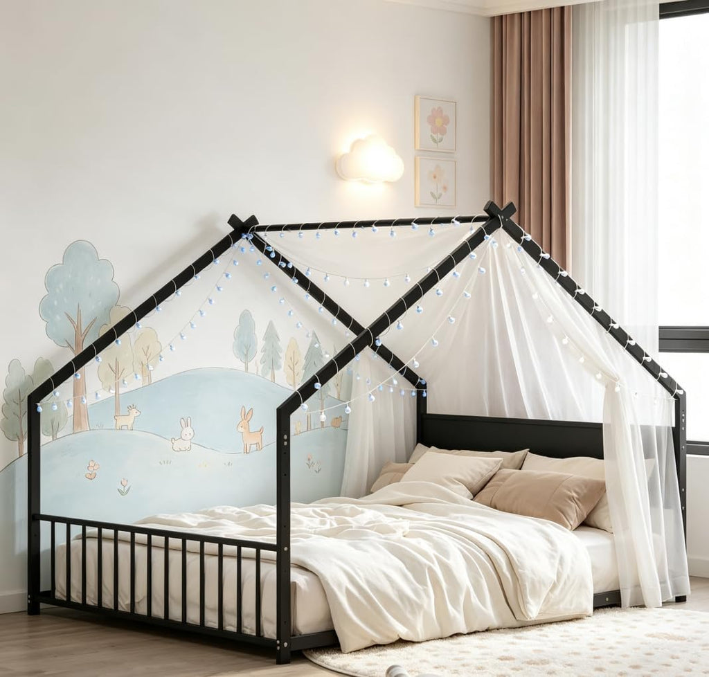 House Floor BedFrame with Slats for Kids, Metal House Bed with high headboard, Black with roof and Lights