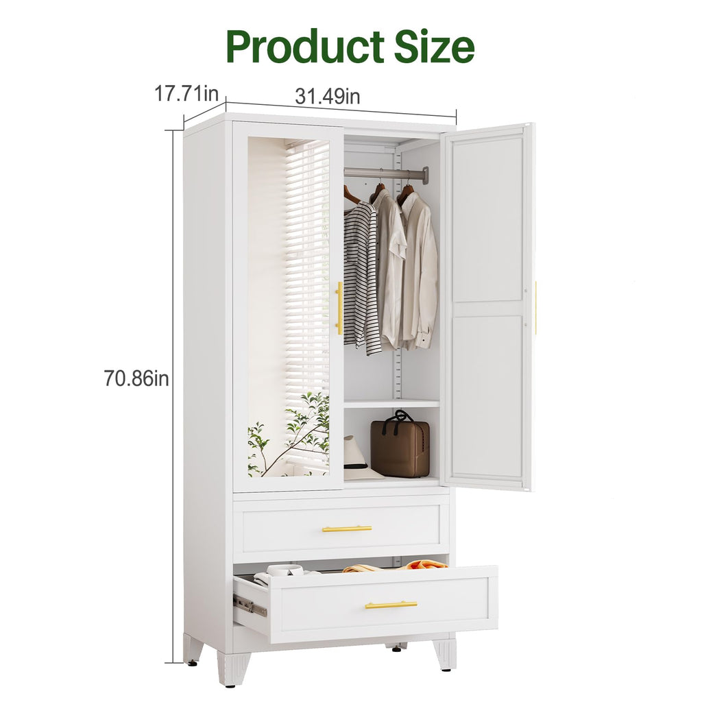 Metal Armoire Wardrobe, 71" Tall Bedroom Closet with Mirror and 2 Drawers
