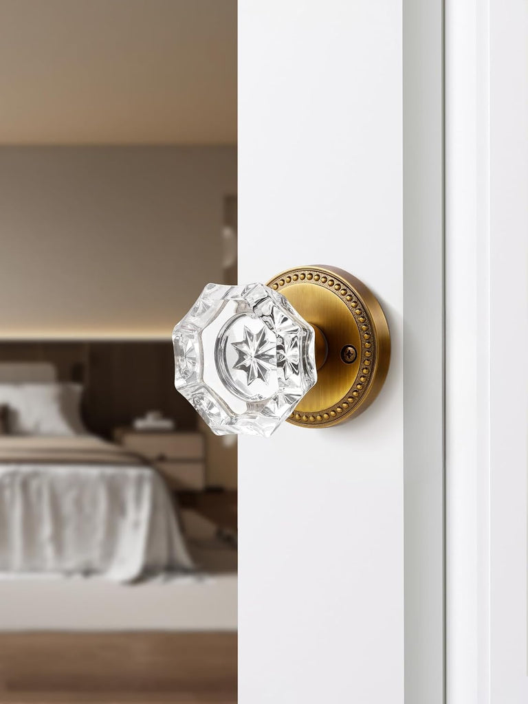 Door Knob Antique Brass Passage Crystal Glass Interior 1 Pack