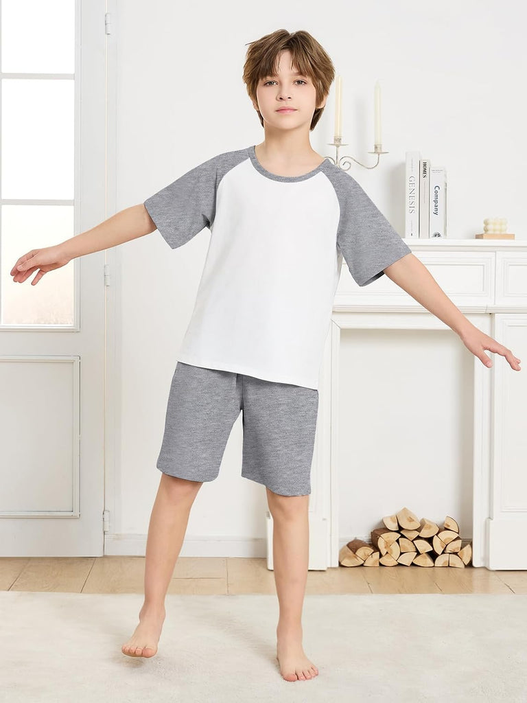 Boys Pajamas Set Two Piece Cotton Sleepwear Kids Short Sleeve Top and Shorts PJS Set with Pockets