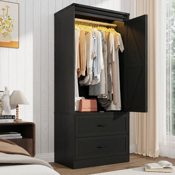 2 Doors Armoire Wardrobe Closet w/ Folding Sliding Barn Door, Rustic Black