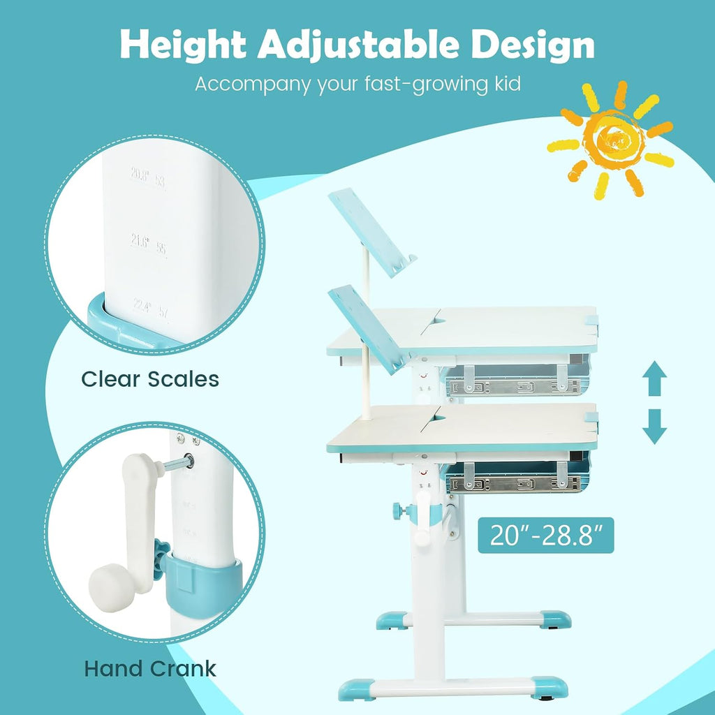 Kids Desk, Height Adjustable Children Study Table with Tiltable Desktop, Storage Drawer, Scale Ruler, Student