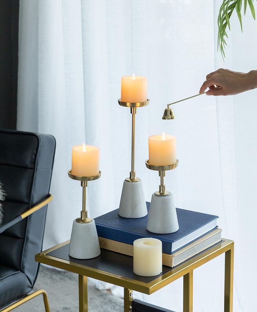 Luxury Set of 5 Marble and Gold Pillar Candle Holders - Elegant Modern Home Decor Accent