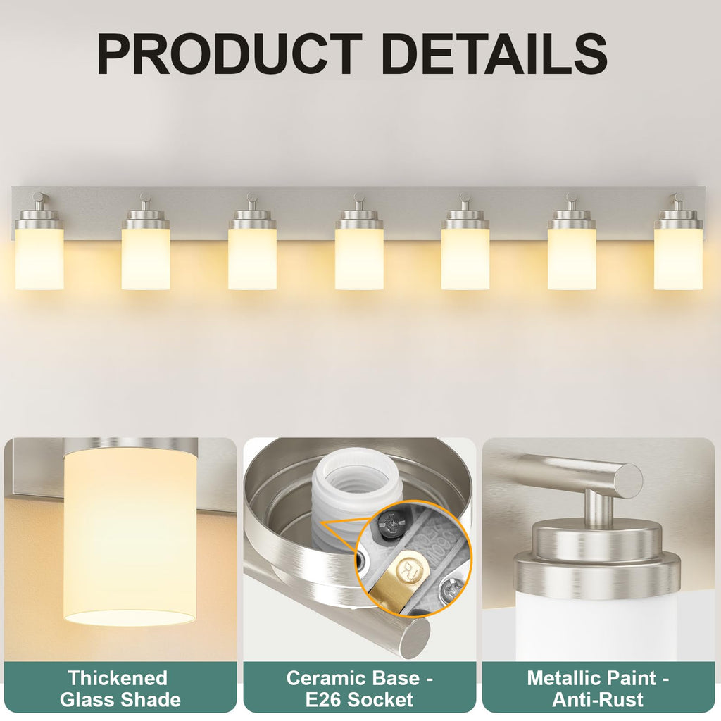 Bathroom Vanity Light Fixture, 7-Light 52 inch Brushed Nickel Bathroom Light Fixtures Over Mirror, with White Glass