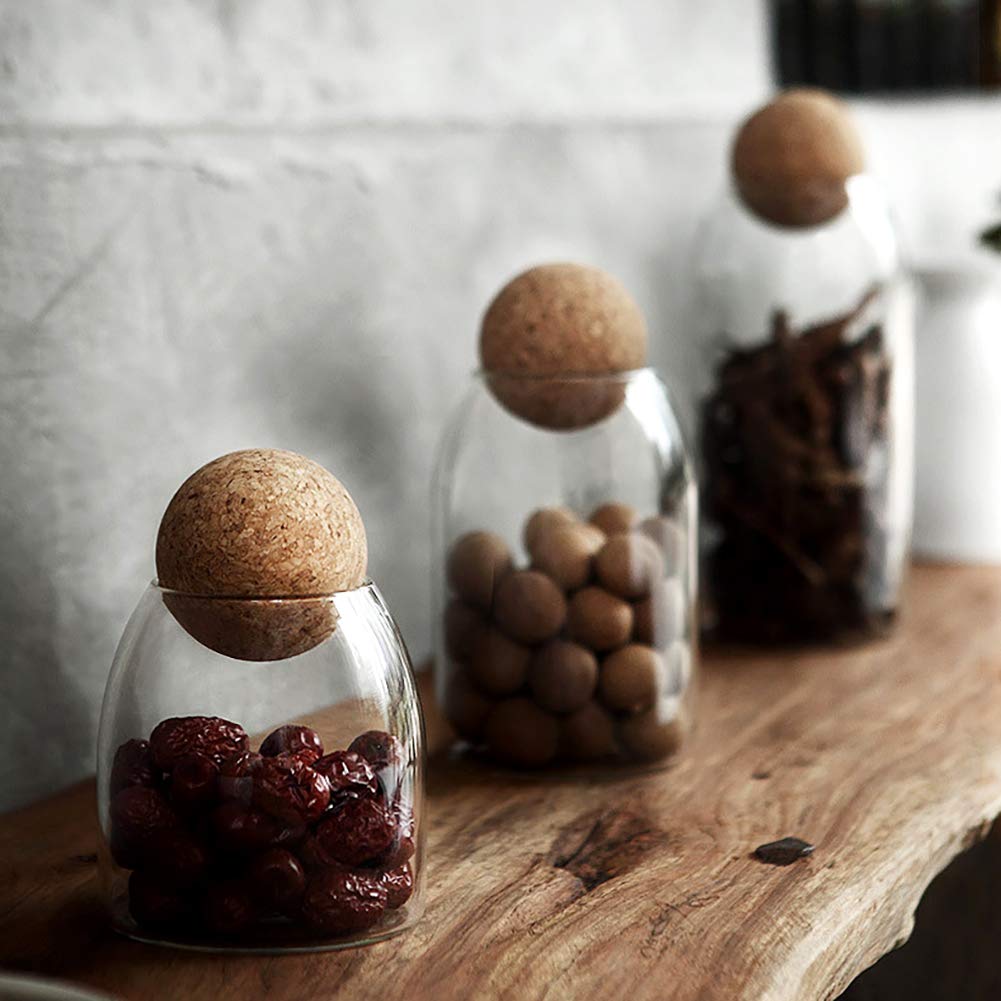 40Oz Clear Glass Storage Cute Canister Holder Ball Wood Cork Top, Modern Decorative Cylinder Container Jar