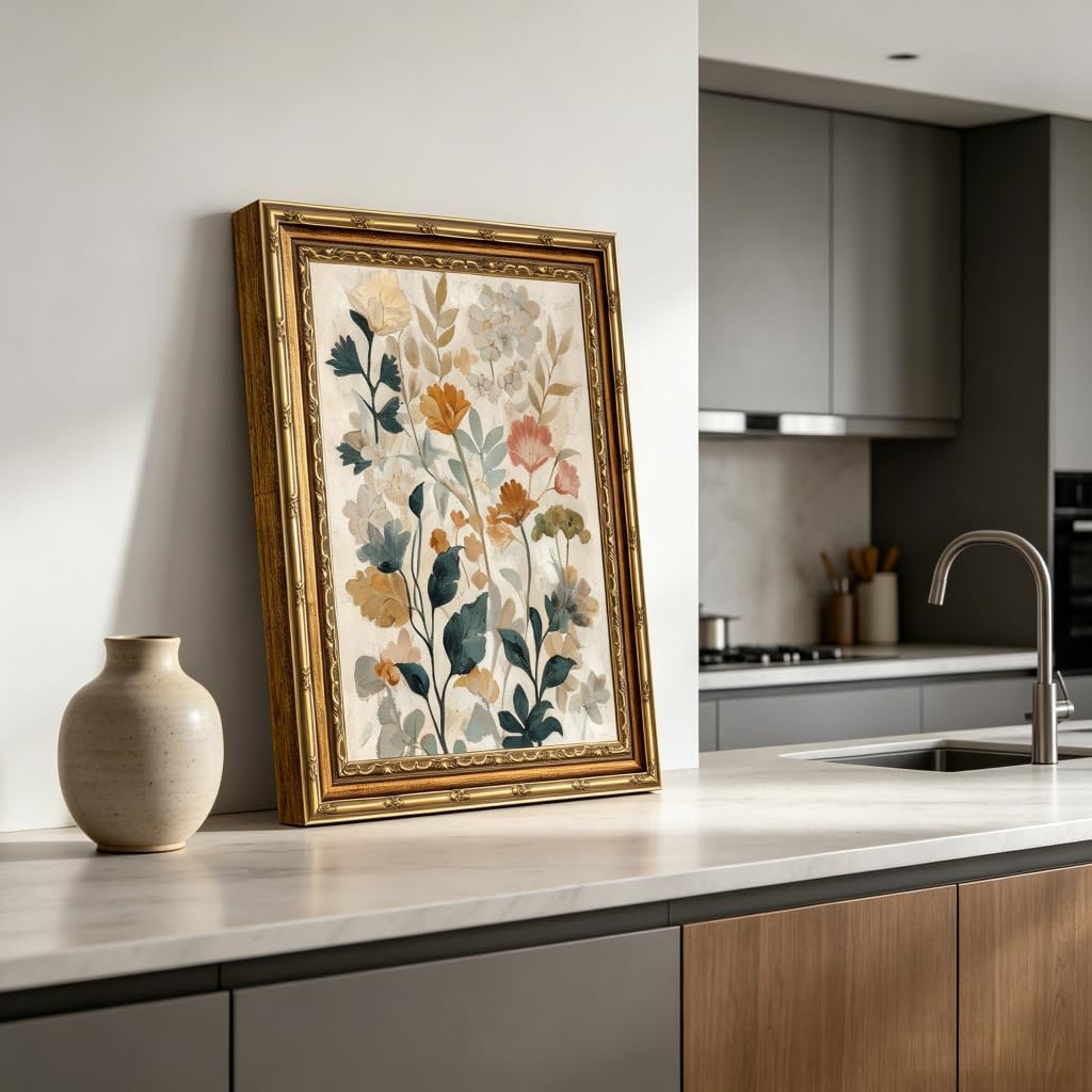 Gold Framed Beige Floral Canvas Wall Art Vintage Country Botanical Earth Tone Flower painting Decor Pictures Boho