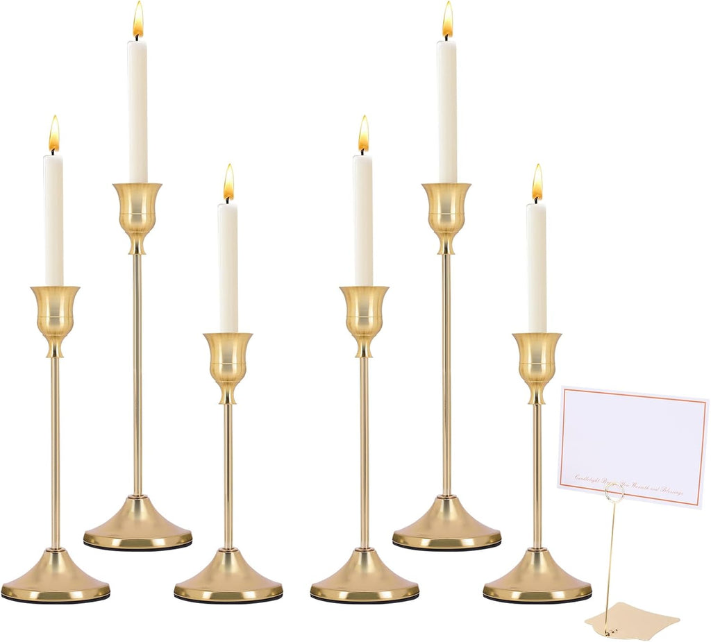 Candle Holders Set - 6 Metal Tall Candlestick Holders & 2 Label Holders & 5 Greeting Cards for Banquet Centerpieces