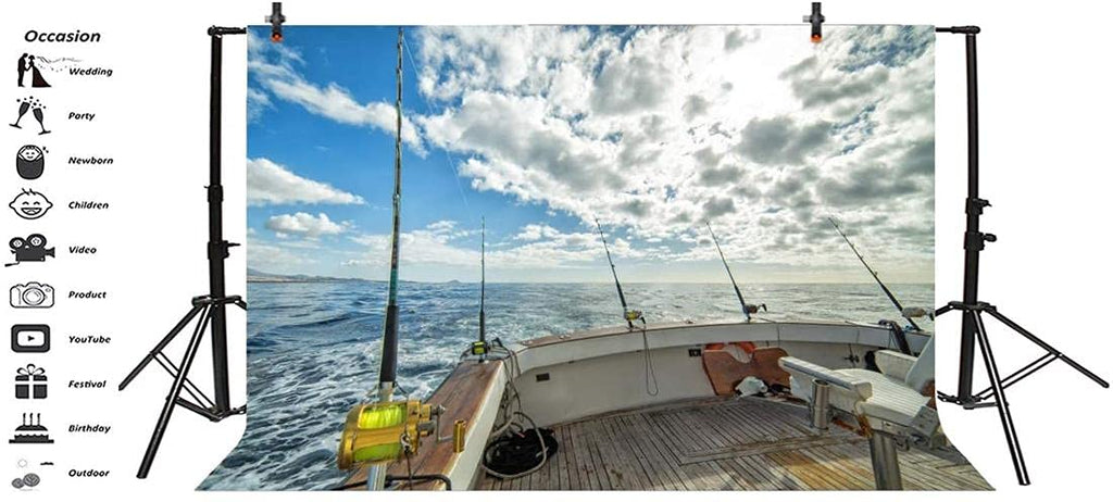 10x8ft Sea Landscape Backdrop Fishing Boat Fishing Poles Blue Sky White Cloud Photography Background Anglers Vacation