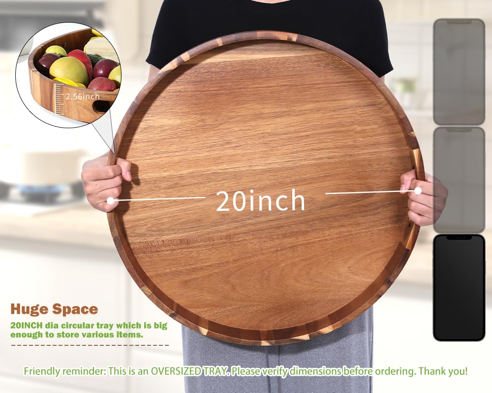 Extra Large Round Serving Tray, 20INCH, Heavy Duty Acacia Wood Trays for Big Ottoman Coffee Table Counter Giant
