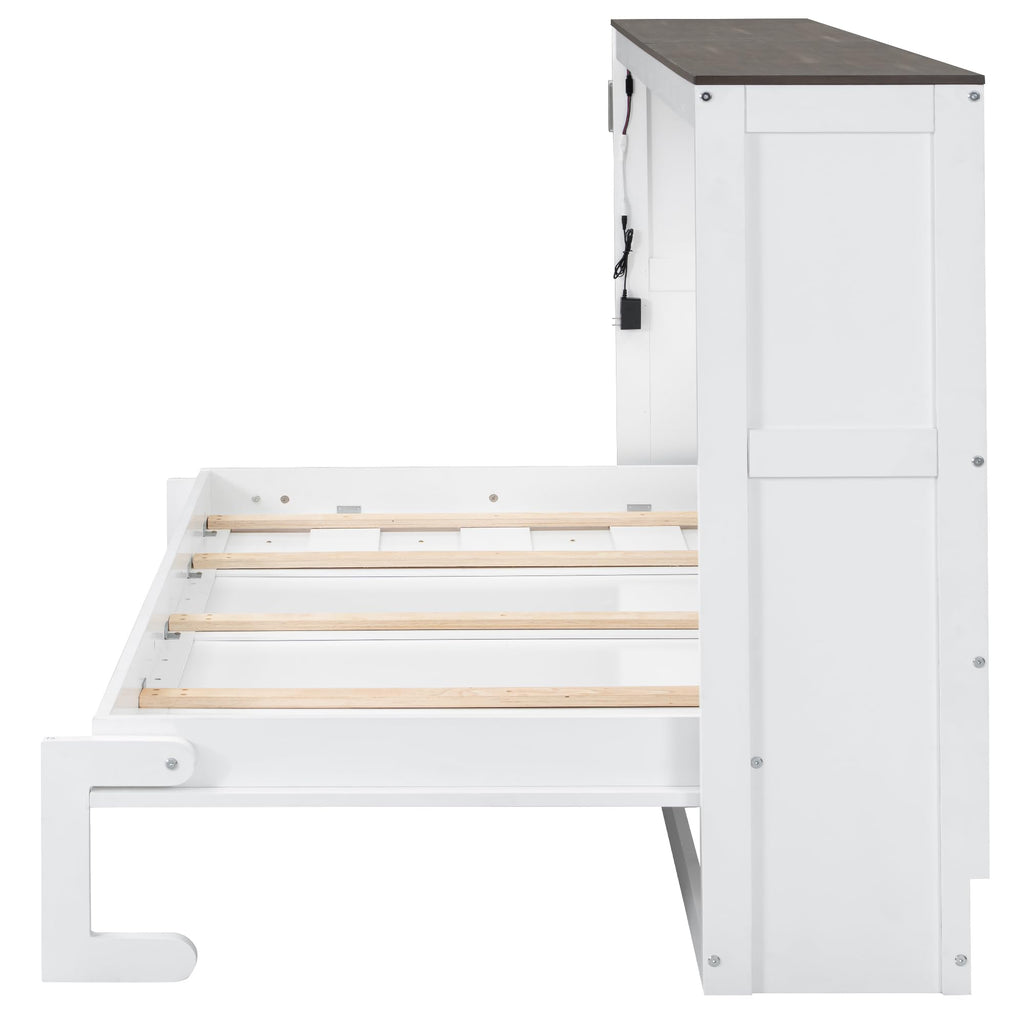 Twin Horizontal Murphy Bed Cabinet with LED, White