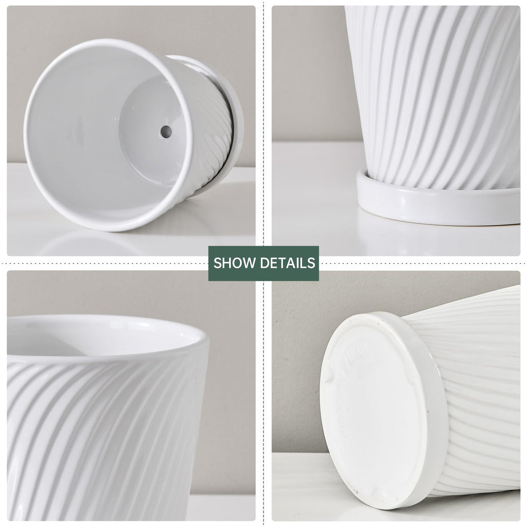 White 6 Inch Flower Pots for Plants, Ceramic Planter with Drainage Holes