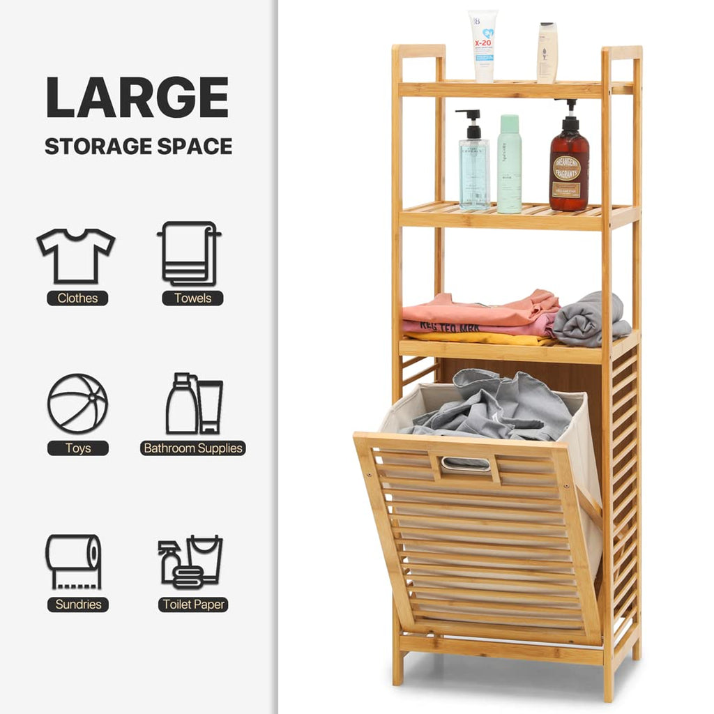 Tilt-Out Hamper for Laundry 3-Tier Bamboo Pull-Out Laundry Hamper Floor Stand Bathroom Storage Shelf Cabinet, 46.5"