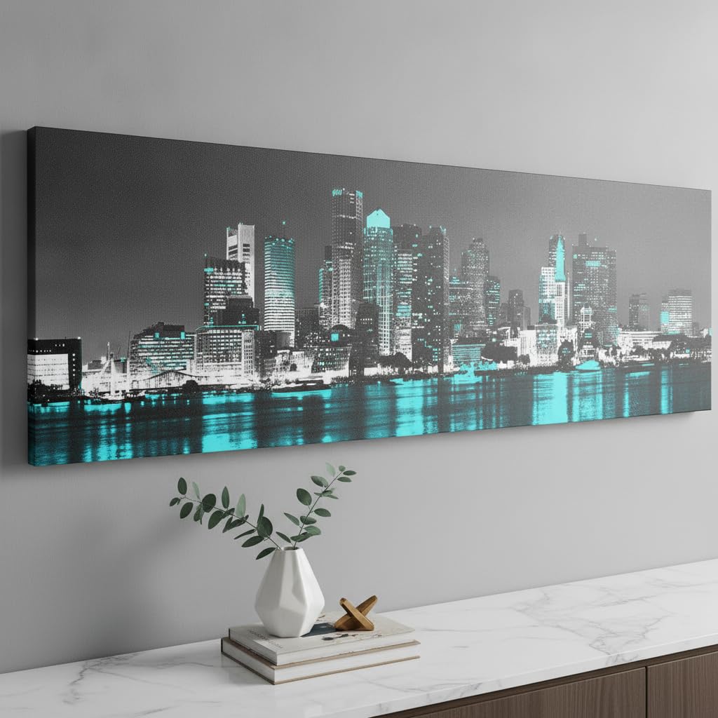 Boston Skyline Canvas Wall Modern Cityscape Decor Framed 14x48in